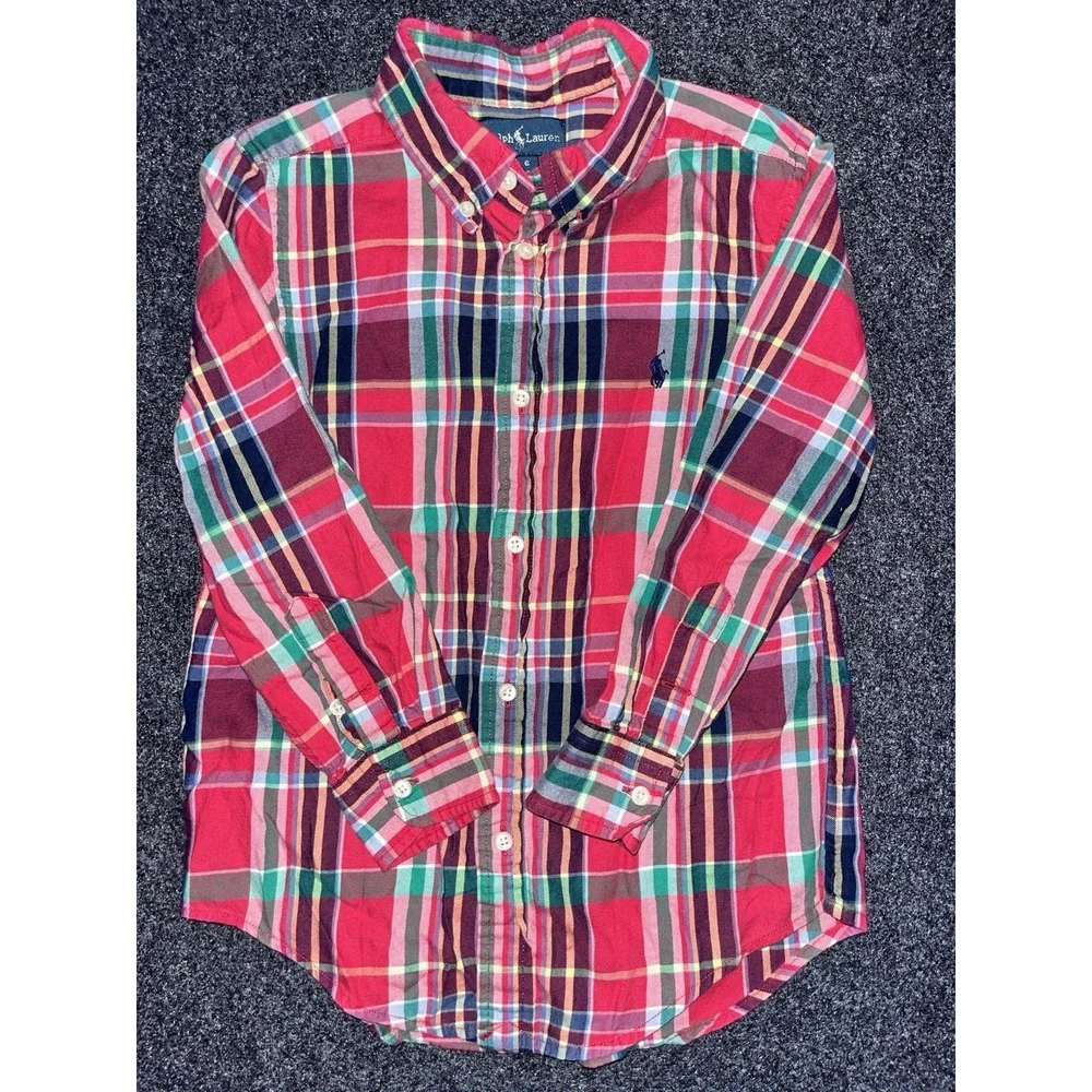 Boys‎ Ralph Lauren Long Sleeve Button Down Green/Red Plaid Shirt Size 6